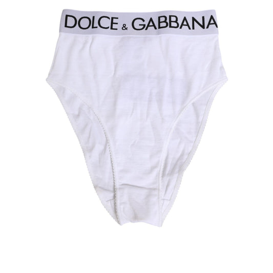White Dolce & Gabbana high-waist briefs featuring elastic DG logo waistband, crafted from cotton-elastane blend for comfort.