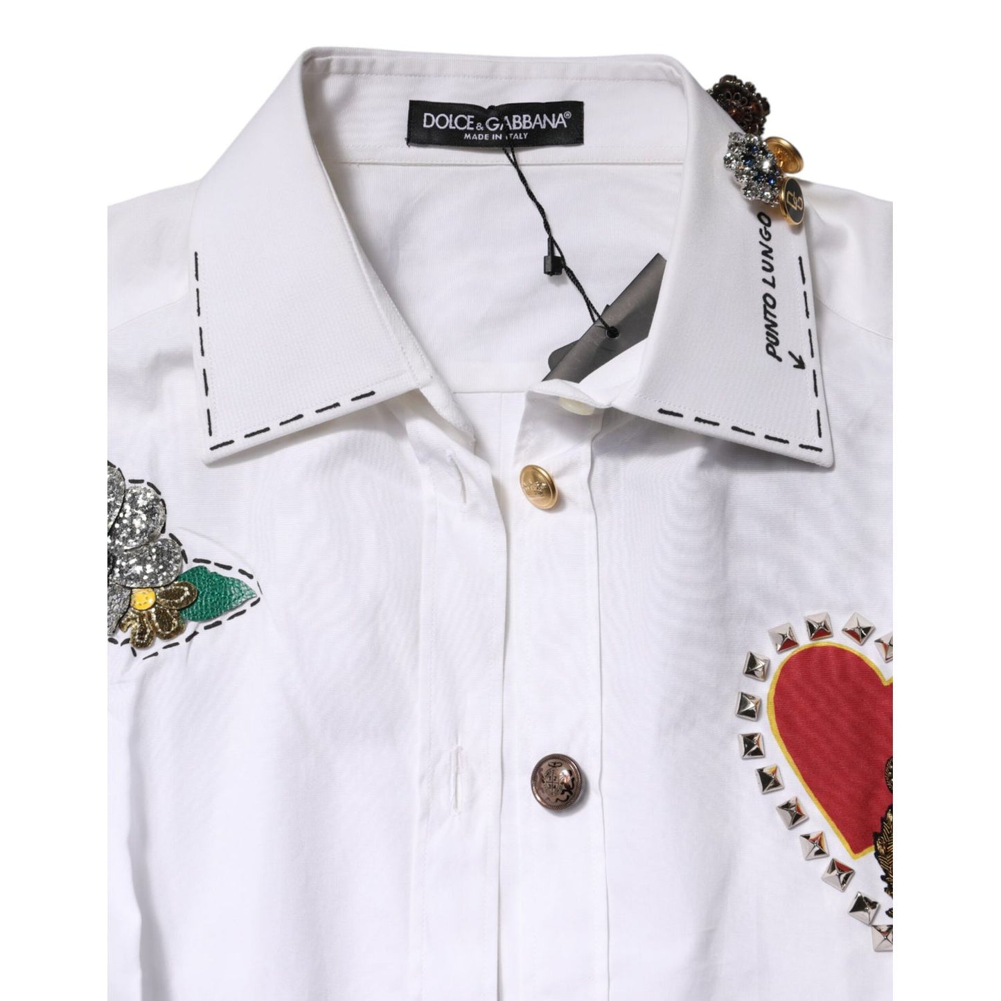 Dolce & Gabbana White Cotton Floral Embellished Shirt Top
