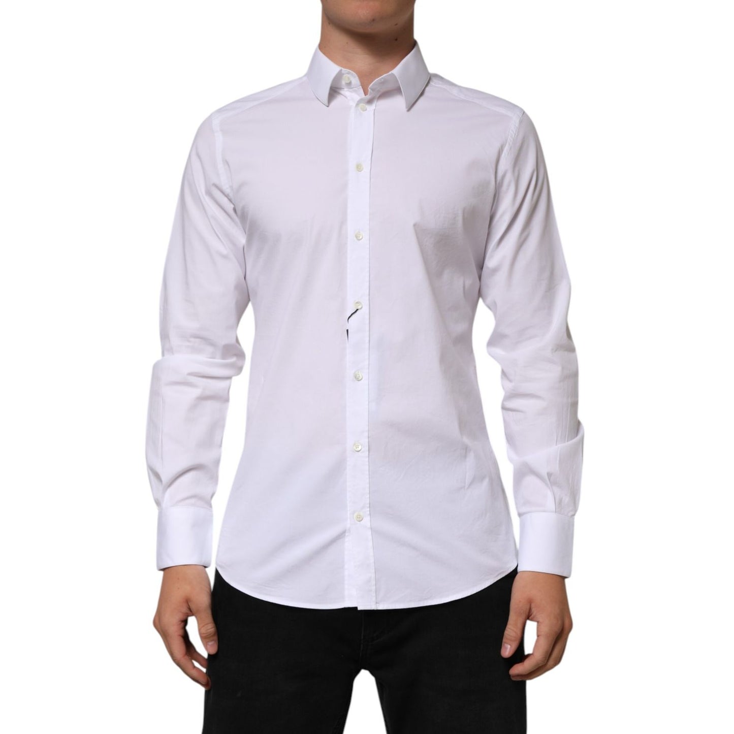 Dolce & Gabbana White Cotton GOLD Long Sleeves Formal Men Shirt, elegant design, slim fit, made in Italy, perfect for upscale events.