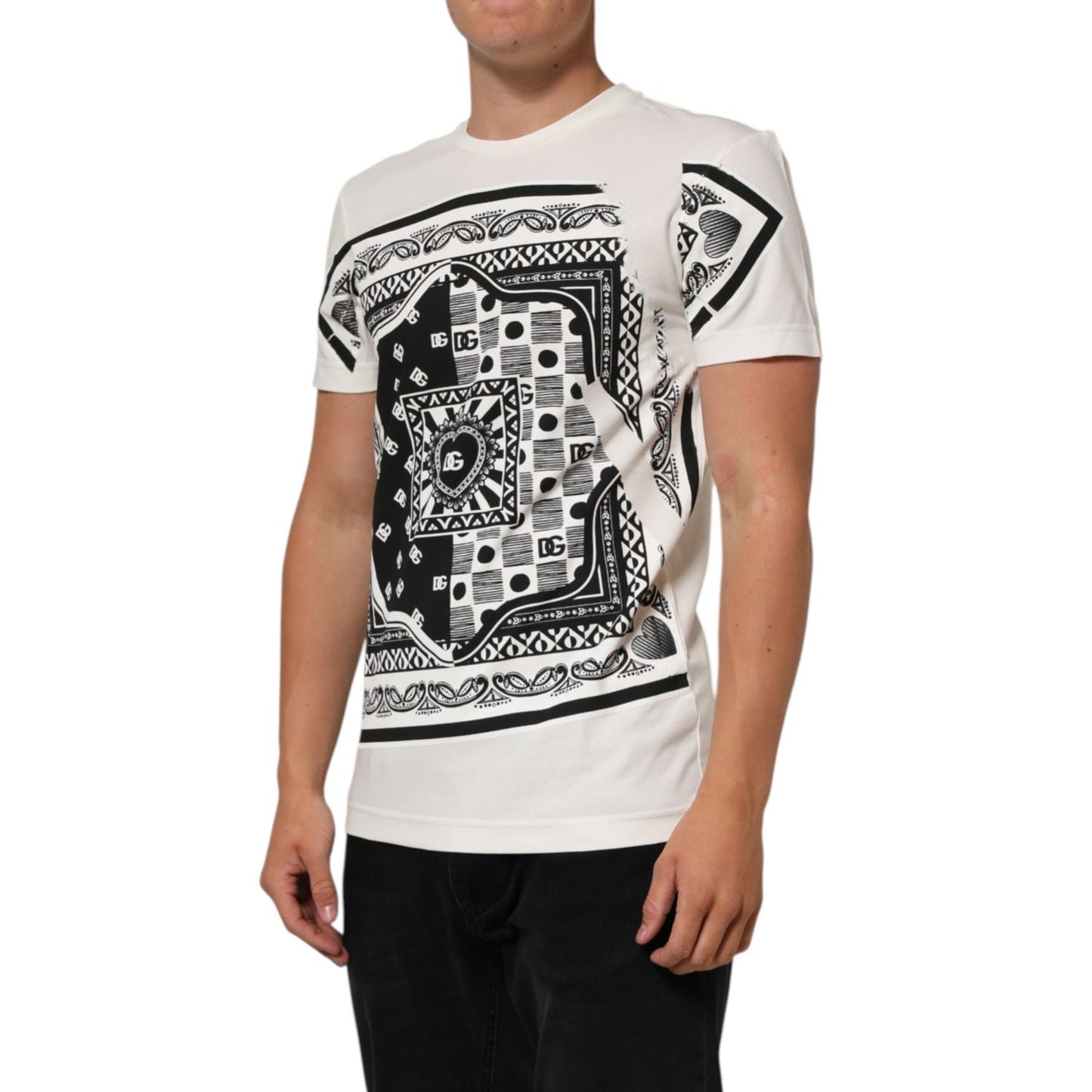 Dolce & Gabbana White Cotton Logo Bandana Print Men T-shirt with bold black pattern and crew neck, perfect for casual style.