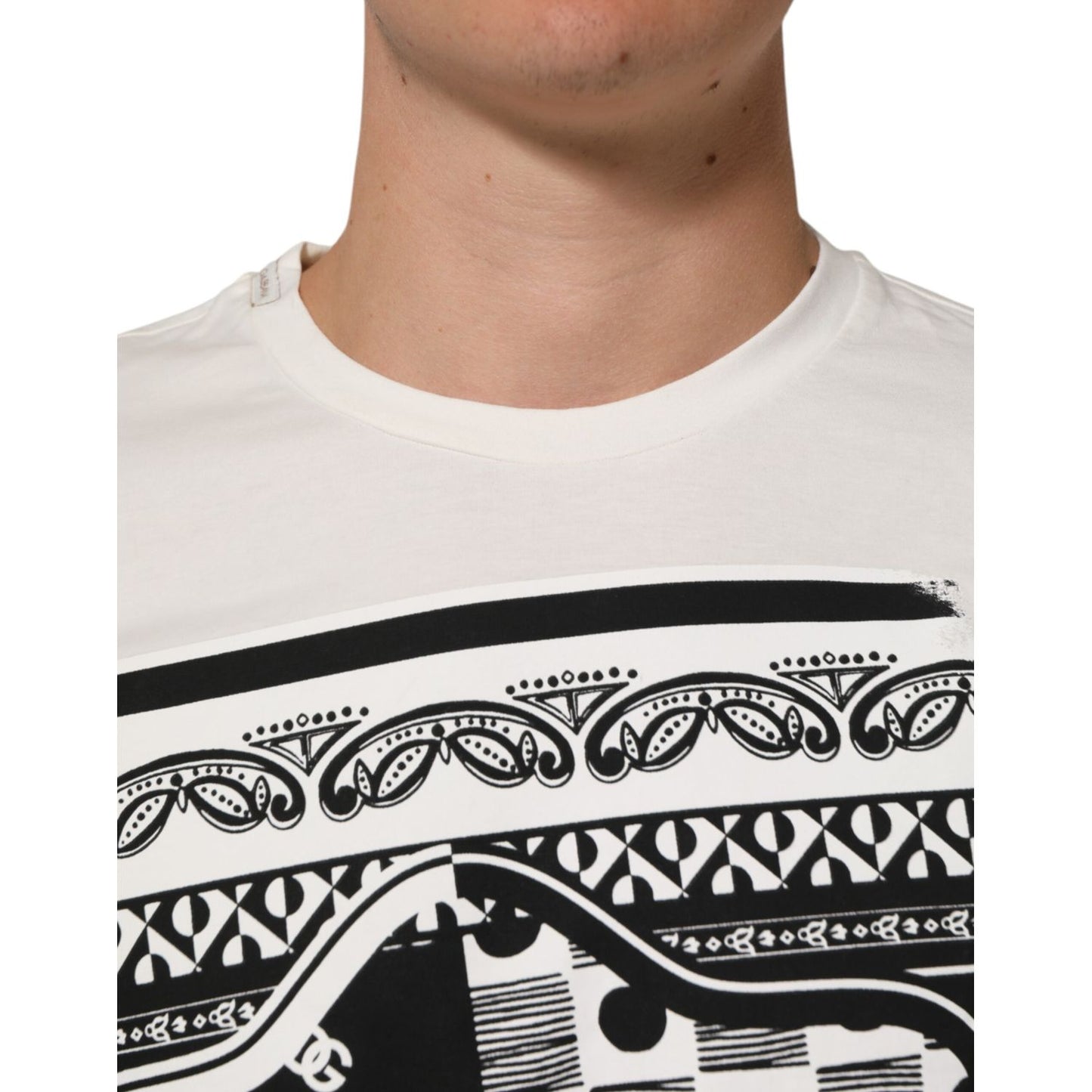 Dolce & Gabbana White Cotton Logo Bandana Print Men T-shirt with crew neck and bold black detailing, showing minor defects and stains.