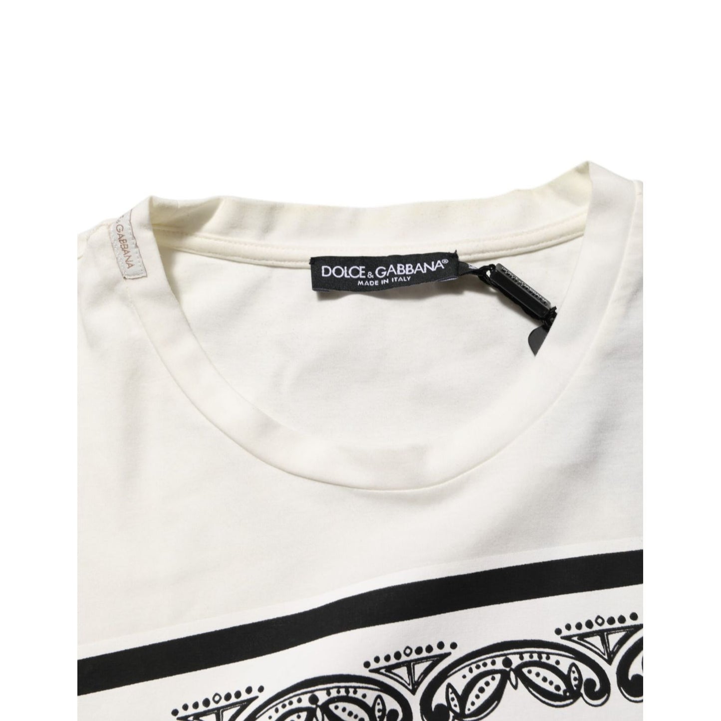 Dolce & Gabbana White Cotton Logo Bandana Print Men T-shirt with crew neck and design detail, showing label and fabric texture close-up.