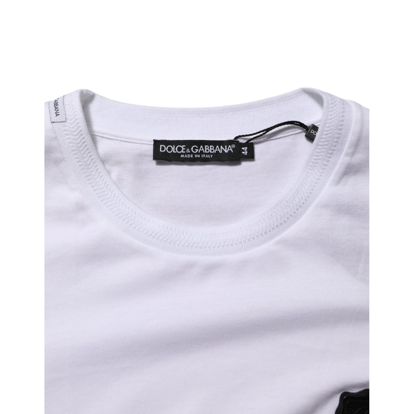 Dolce & Gabbana White Cotton Logo Patch Crew Neck T-shirt showing collar and brand tag, soft cotton material, stylish and casual look