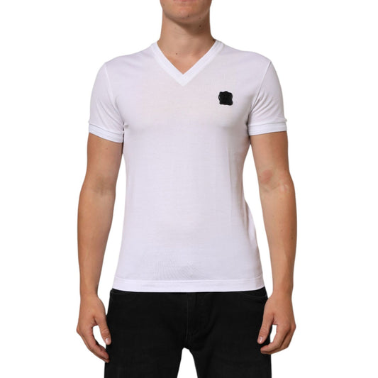 Dolce & Gabbana White Cotton Logo Patch V-neck Tee T-shirt worn by model, front view