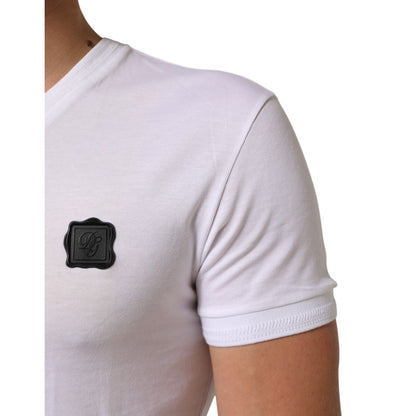 Dolce & Gabbana White Cotton Logo Patch V-neck Tee T-shirt