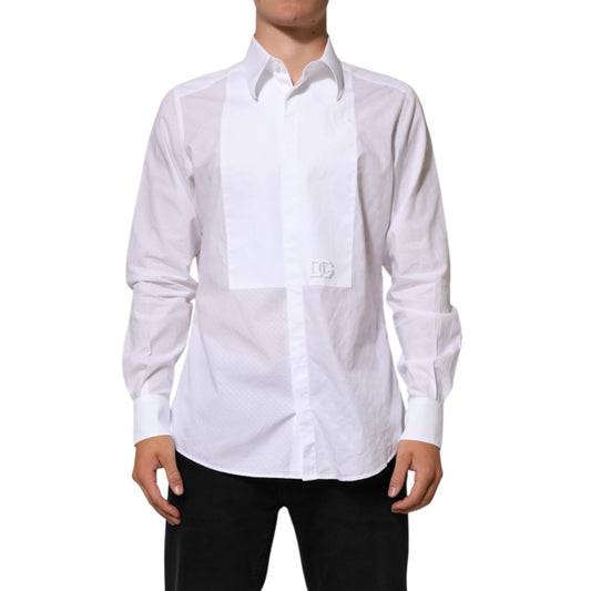 Man wearing Dolce & Gabbana White Cotton MARTINI Bib Formal Dress Shirt, showcasing elegant black-tie ready style.