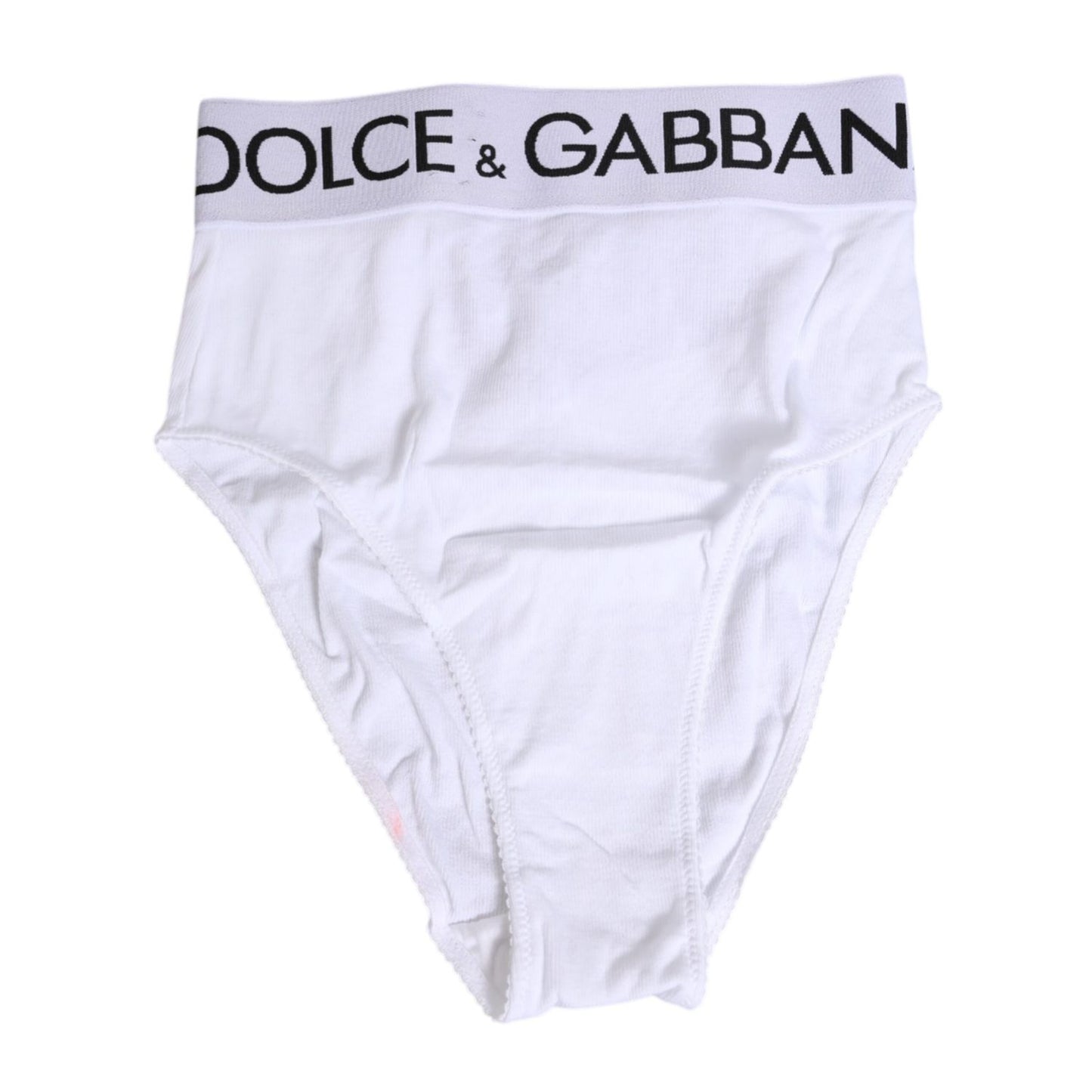 Dolce & Gabbana White Cotton Stretch High Waist Panty Underwear with logo waistband, soft fabric, and minor defects.