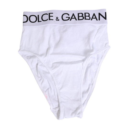 Dolce & Gabbana White Cotton Stretch High Waist Panty Underwear with logo waistband, soft fabric, minor defects, elegant design.