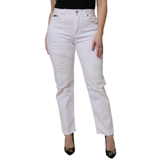 Dolce & Gabbana White Cotton Tattered BOYFRIEND Denim Jeans, relaxed fit, straight leg, perfect for casual chic style.