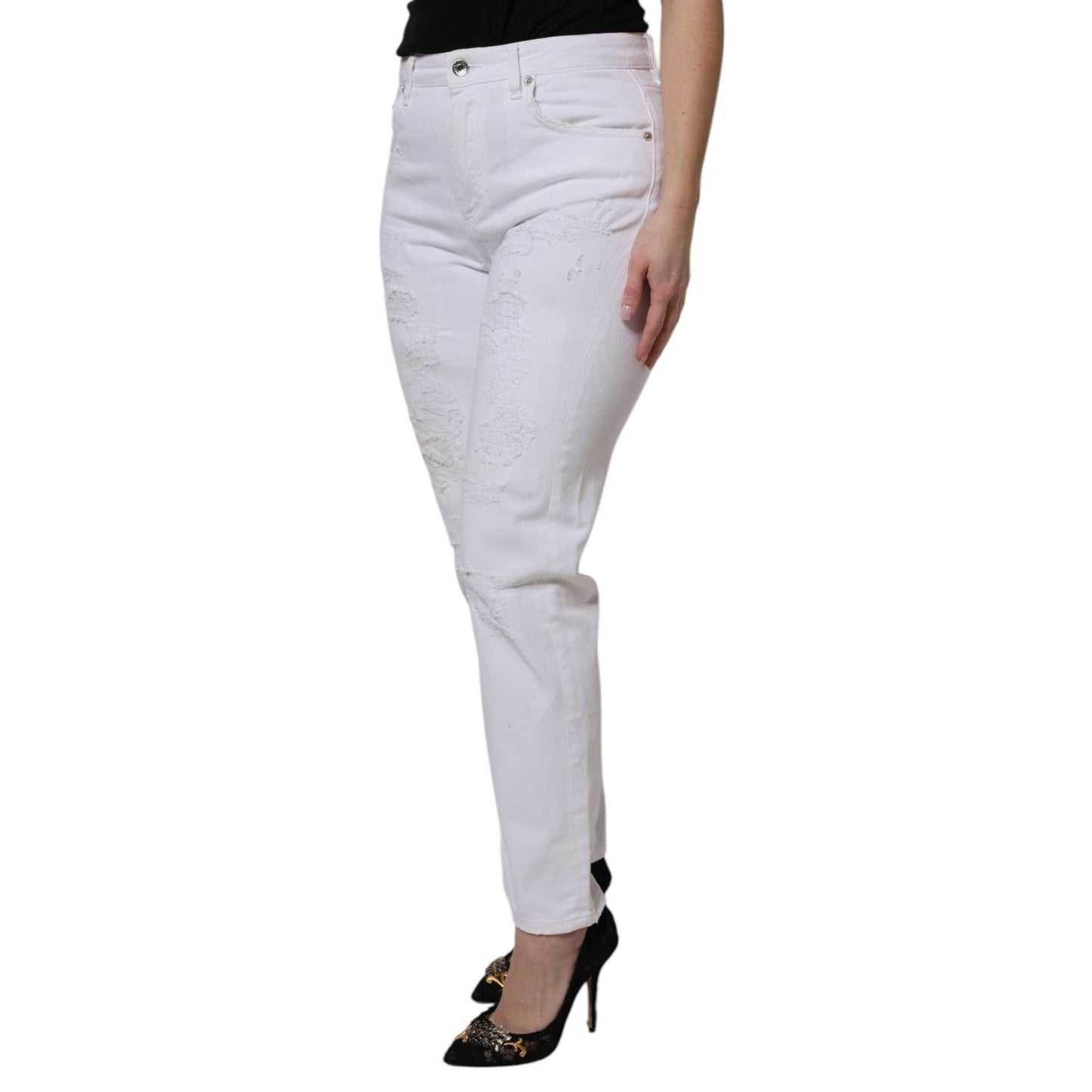 Dolce & Gabbana White Cotton Tattered BOYFRIEND Denim Jeans, relaxed fit, straight leg, zipper closure; chic off-duty style.