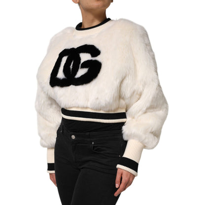 Dolce & Gabbana White Cropped Faux Fur DG Sweatshirt Sweater