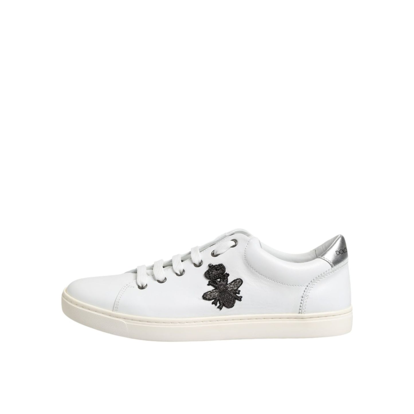 Dolce & Gabbana White Crown Bee Leather Low Top Sneakers Shoes with rubber sole and lace-up closure, featuring logo detail.