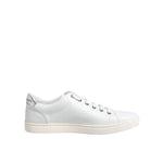 Dolce & Gabbana White Crown Bee Leather Low Top Sneakers Shoes crafted from high-quality leather with logo details, side view.