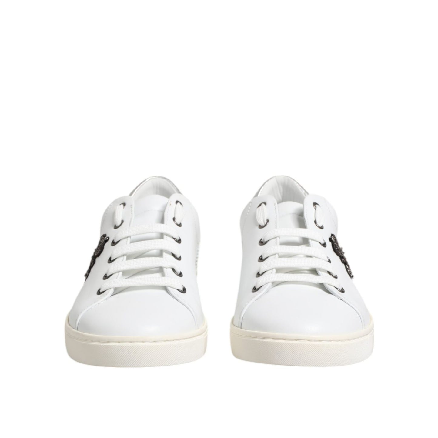 Dolce & Gabbana White Crown Bee Leather Low Top Sneakers Shoes with lace-up closure, featuring logo detail and exclusive craftsmanship.