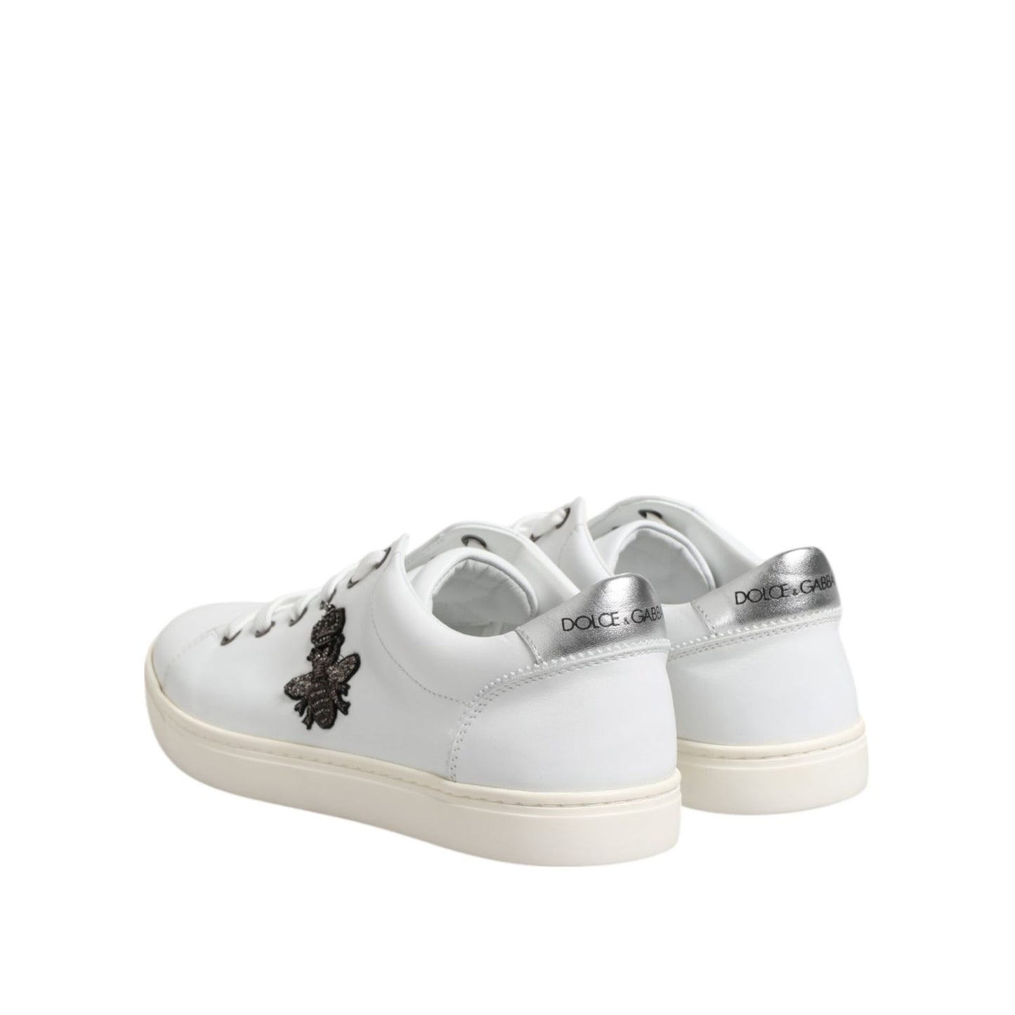 Dolce & Gabbana White Crown Bee Leather Low Top Sneakers Shoes showcasing brand logo and intricate bee design on white leather.