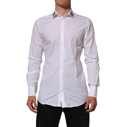 Dolce & Gabbana White Crown Collared GOLD Formal Dress Shirt with gold accents, perfect for lavish events and sophisticated occasions.