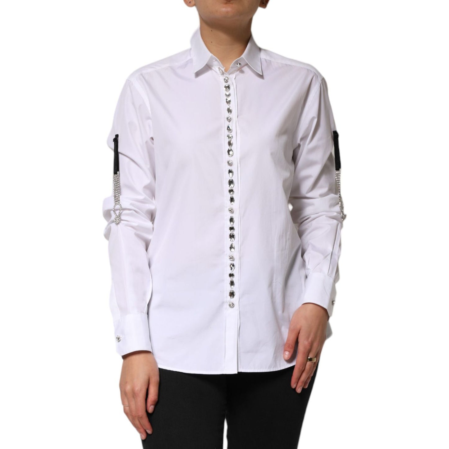 Dolce & Gabbana White Crystal Embellished Dress Shirt Top featuring long sleeves and sparkling crystal details for elegant fashion.