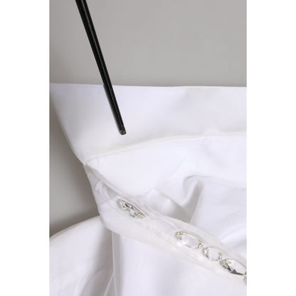 Close-up of Dolce & Gabbana White Crystal Embellished Dress Shirt Top, highlighting crystal details on crisp white fabric.