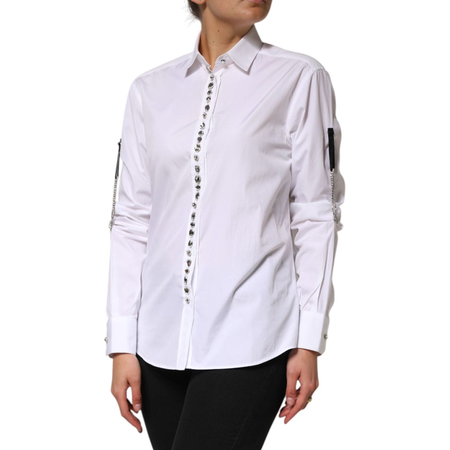 Dolce & Gabbana White Crystal Embellished Dress Shirt Top, long-sleeve tailored shirt with crystal details, formal fashion.