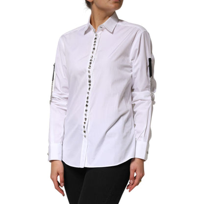 Dolce & Gabbana White Crystal Embellished Dress Shirt Top, long-sleeve tailored shirt with crystal details, formal fashion.