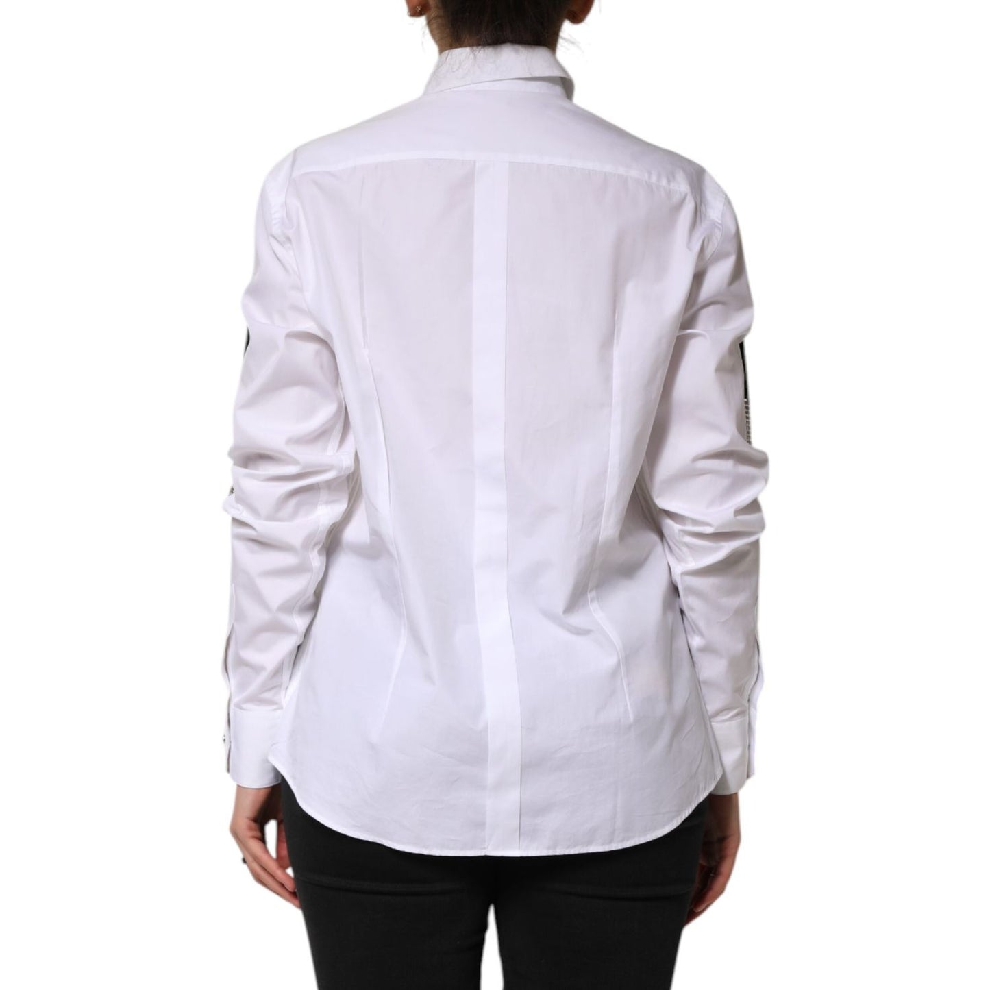 Back view of Dolce & Gabbana White Crystal Embellished Dress Shirt Top with long sleeves and tailored fit.