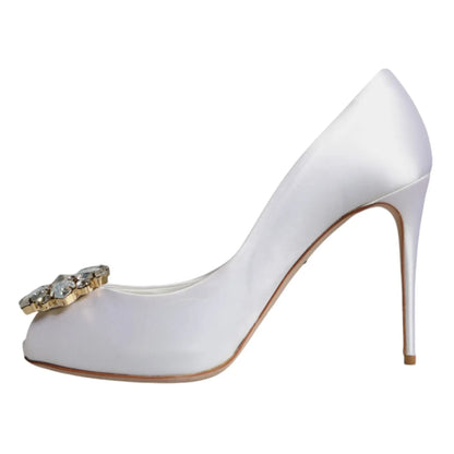 Dolce & Gabbana White Crystals Peep Toe Satin Pumps Shoes