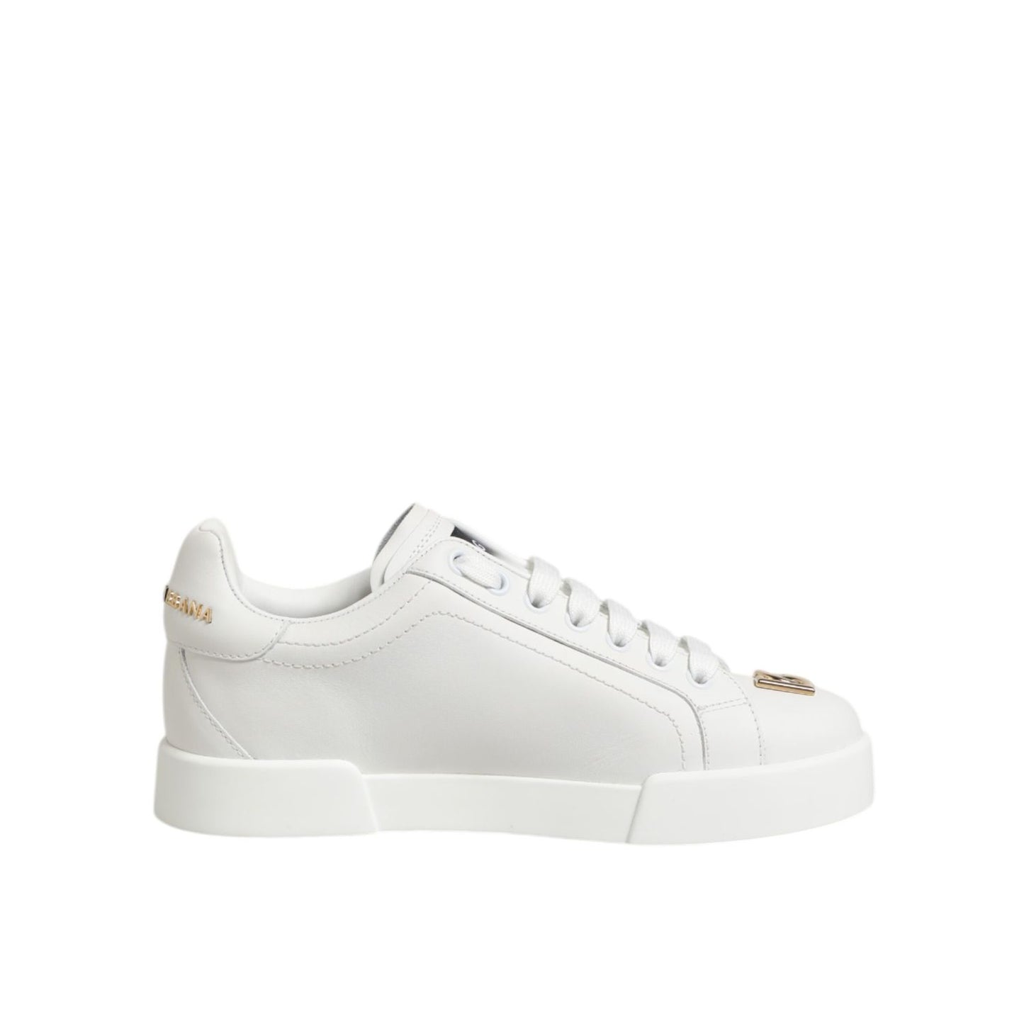 Dolce & Gabbana White DG Leather Low Top Sneakers Shoes in smooth white leather with DG logo, classic silhouette, and rubber sole.