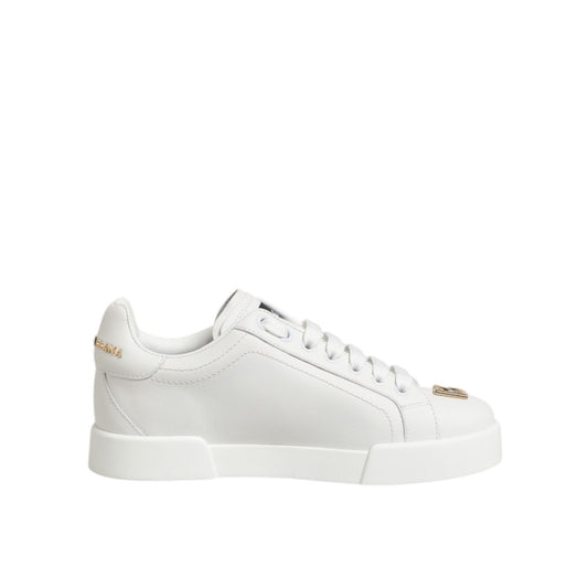 Dolce & Gabbana White DG Leather Low Top Sneakers Shoes in smooth white leather with DG logo, classic silhouette, and rubber sole.