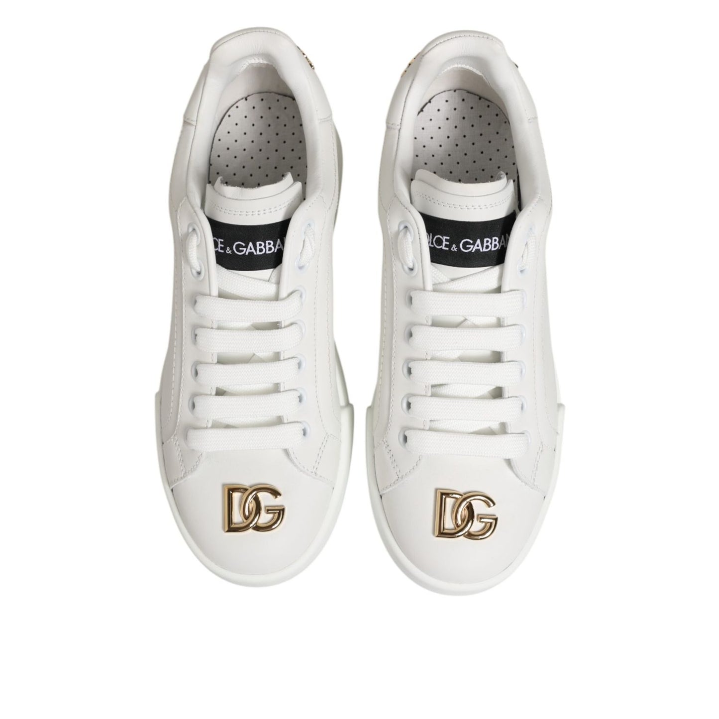 Dolce & Gabbana White DG Leather Low Top Sneakers Shoes with iconic DG logo, crafted in smooth leather and rubber soles, top view.