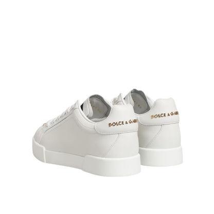 Dolce & Gabbana White DG Leather Low Top Sneakers Shoes featuring white leather and DG logo, side and back view.