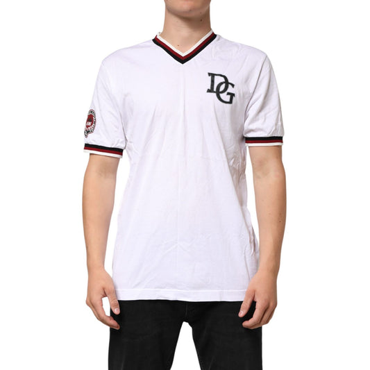 Dolce & Gabbana White #DGMillennials King Crown V-neck T-shirt on male model, embroidered logo, optical white, premium cotton.