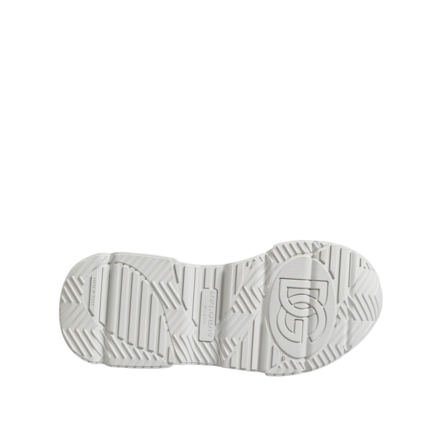 Sole view of Dolce & Gabbana White Daymaster Low Top Men Sneakers Shoes showcasing branding and grip design.