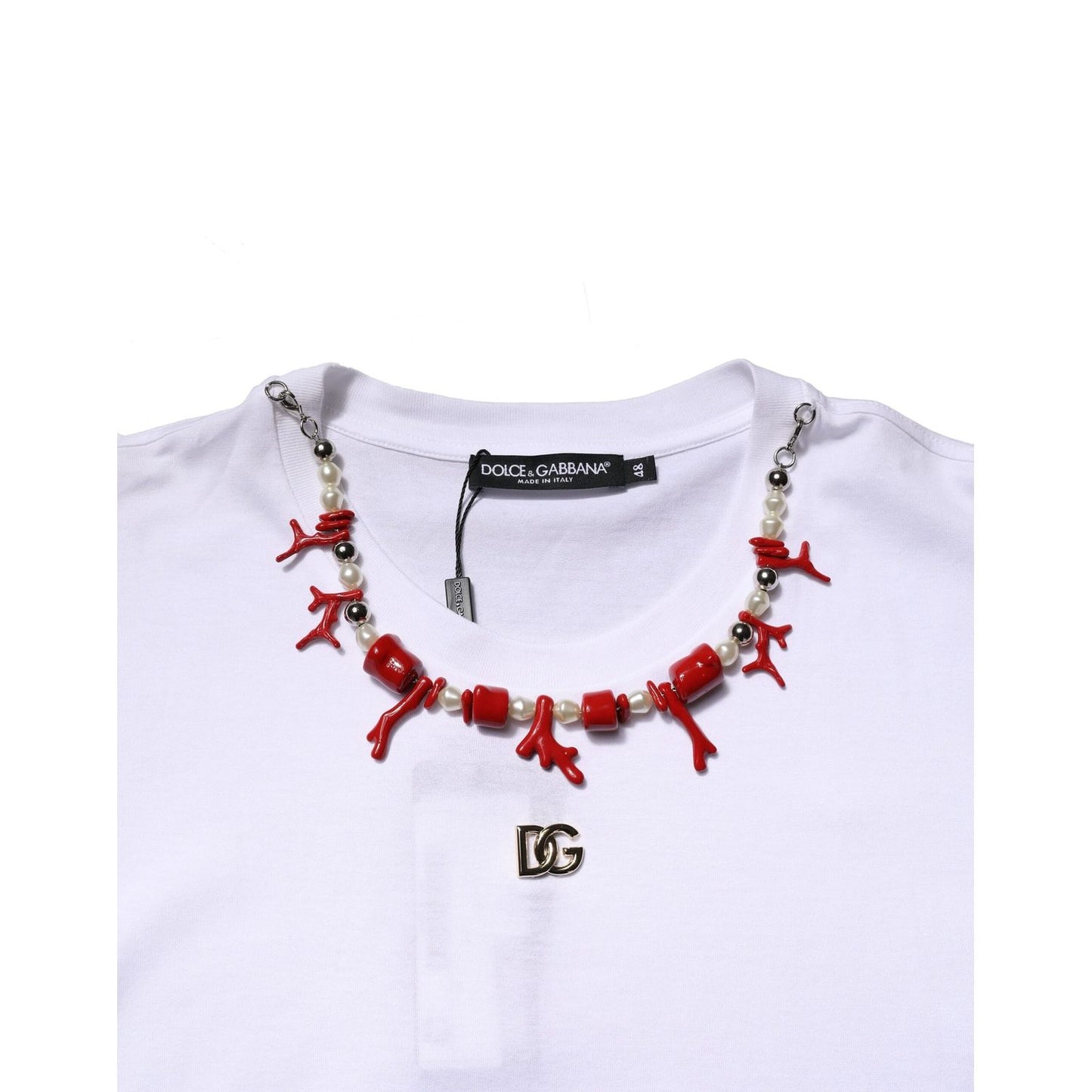 Dolce & Gabbana White Embellished Cotton Crew Neck T-shirt with decorative necklace.