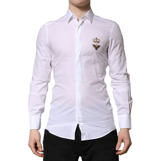 Dolce & Gabbana White GOLD Crown Bee Men Dress Formal Shirt with long sleeves and button closure
