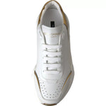 Dolce & Gabbana White Gold DAYMASTER Leather Sneakers Mens Shoes, top view of white and gold calfskin leather sneakers with lace-up closure.