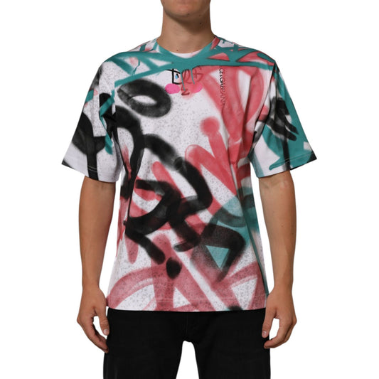Dolce & Gabbana White Graffiti Crew Neck Short Sleeves T-shirt with urban style and colorful graffiti print.