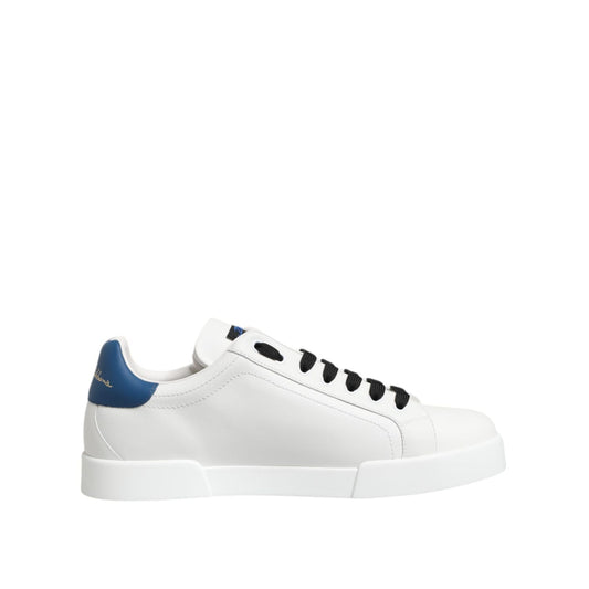 Dolce & Gabbana White Leather DG Logo Low Top Sneakers Shoes with blue accents and black laces, side view