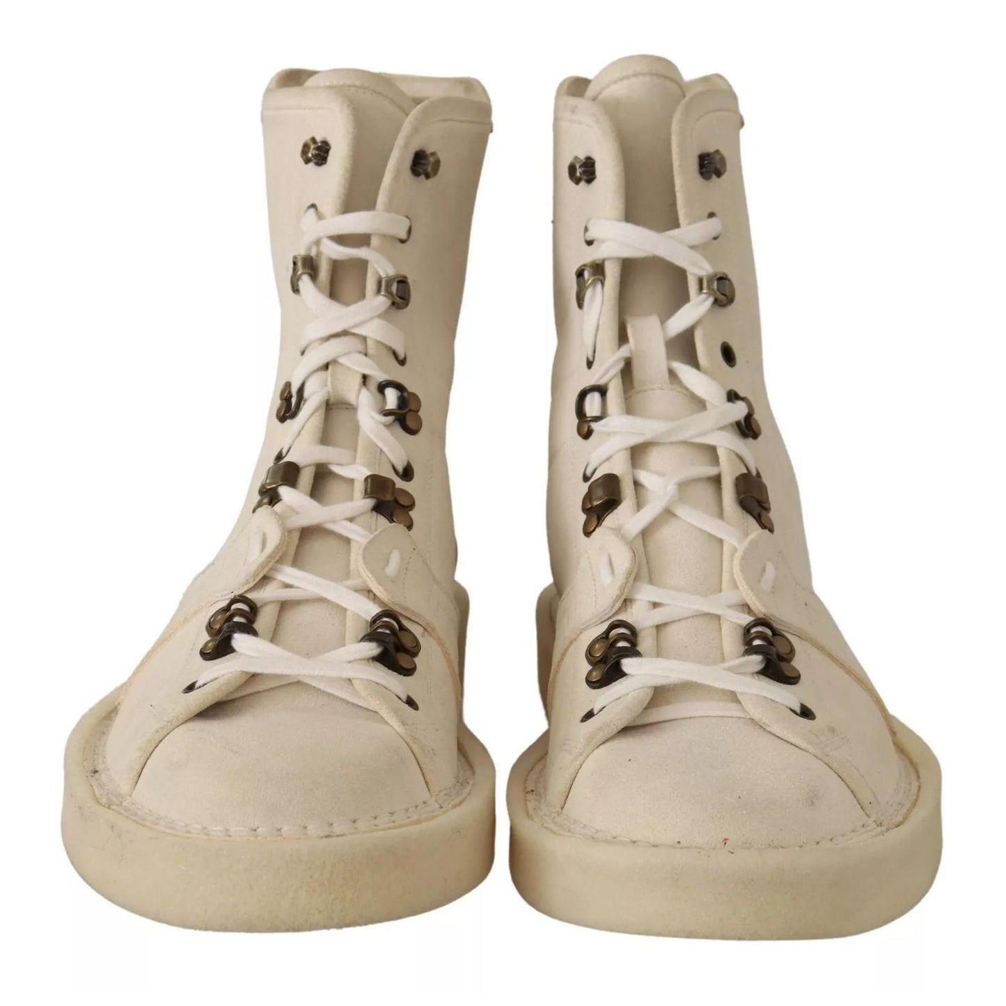 Front view of Dolce & Gabbana White Leather Lace Up Mens Boots with minor marks, showcasing high craftsmanship and logo details.