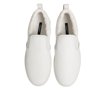 Dolce & Gabbana White Leather Low Top Slip On Sneakers Shoes with elastic side panels and rubber sole, top view.