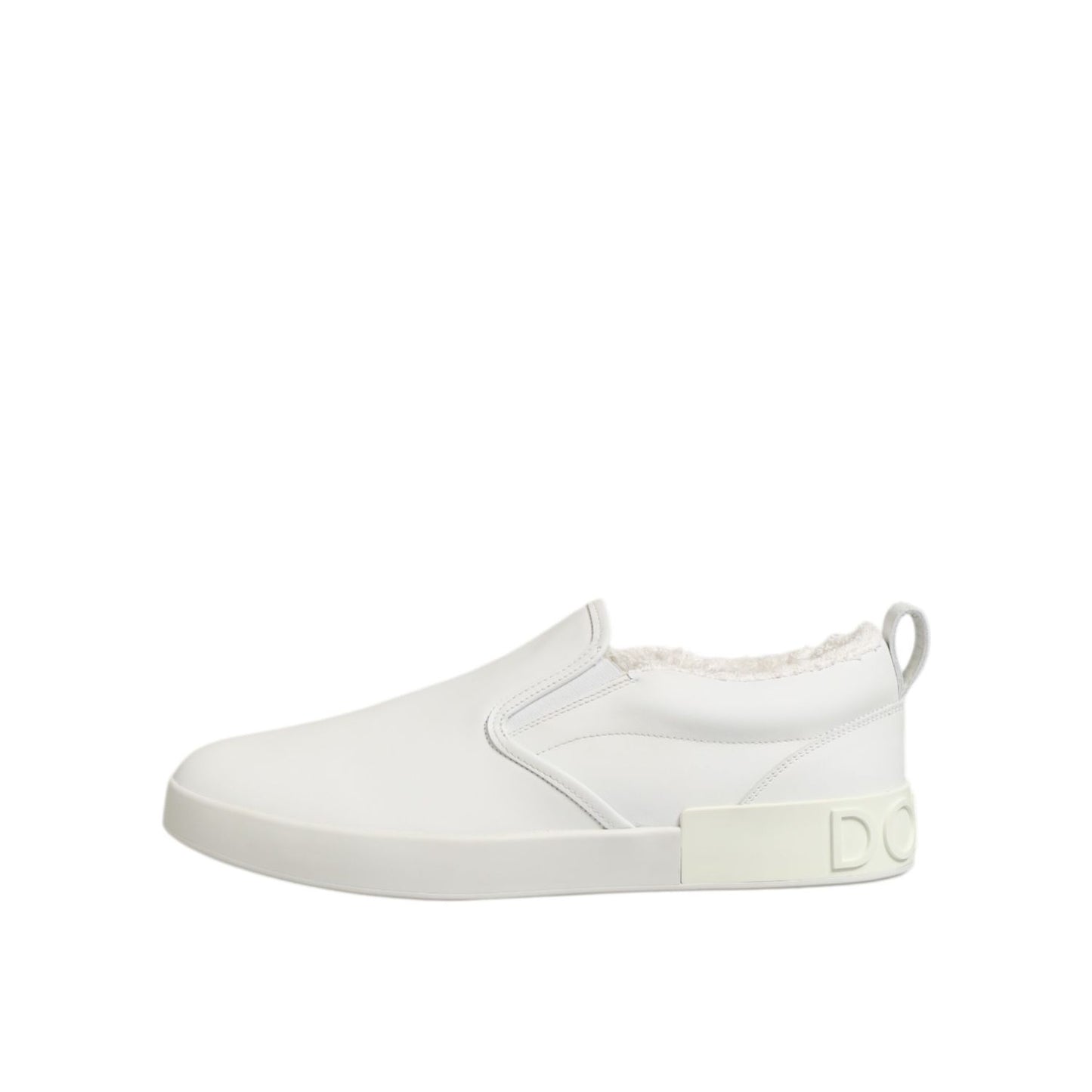 Dolce & Gabbana White Leather Low Top Slip On Sneakers Shoes with rubber sole and logo details, crafted from smooth leather for casual elegance.