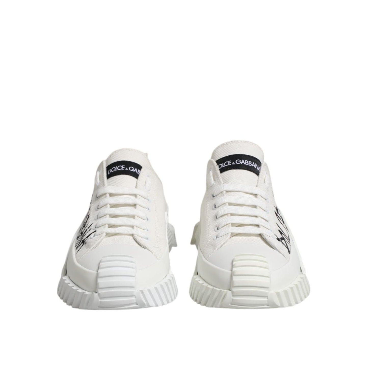 Dolce & Gabbana White Logo Graffiti Low Top Sneakers Shoes, featuring black graffiti-style logo on white canvas with rubber soles.