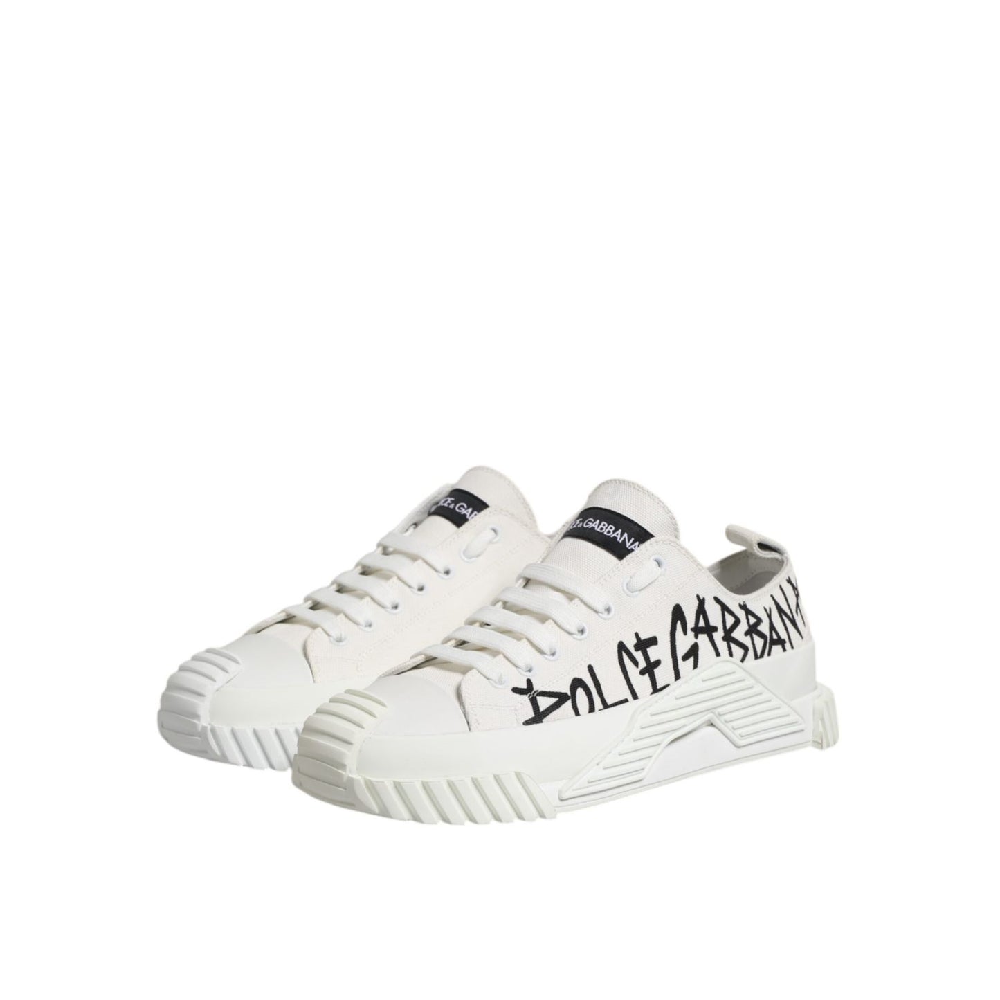 Dolce & Gabbana White Logo Graffiti Low Top Sneakers Shoes featuring black graffiti logo, white canvas, rubber sole, lace-up closure.