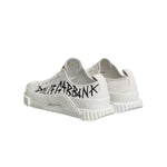Dolce & Gabbana White Logo Graffiti Low Top Sneakers Shoes with graffiti-style logo, white canvas and rubber sole, view from back angle.