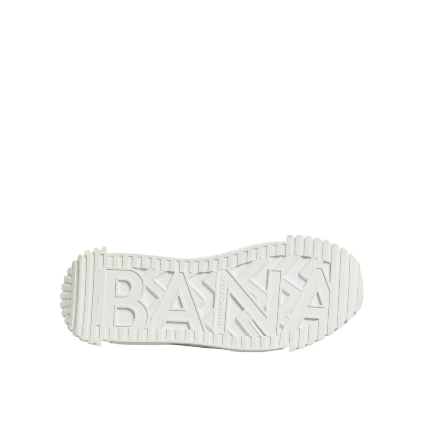 Sole view of Dolce & Gabbana White Logo Graffiti Low Top Sneakers Shoes with 'BANA' embossed on tread.