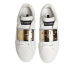 Dolce & Gabbana White Logo Plaque Low Top Men Sneakers Shoes in white calf leather with rubber sole and lace-up closure.