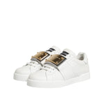 Dolce & Gabbana White Logo Plaque Low Top Men Sneakers Shoes in calf leather with rubber sole and gold logo details, lace-up closure.