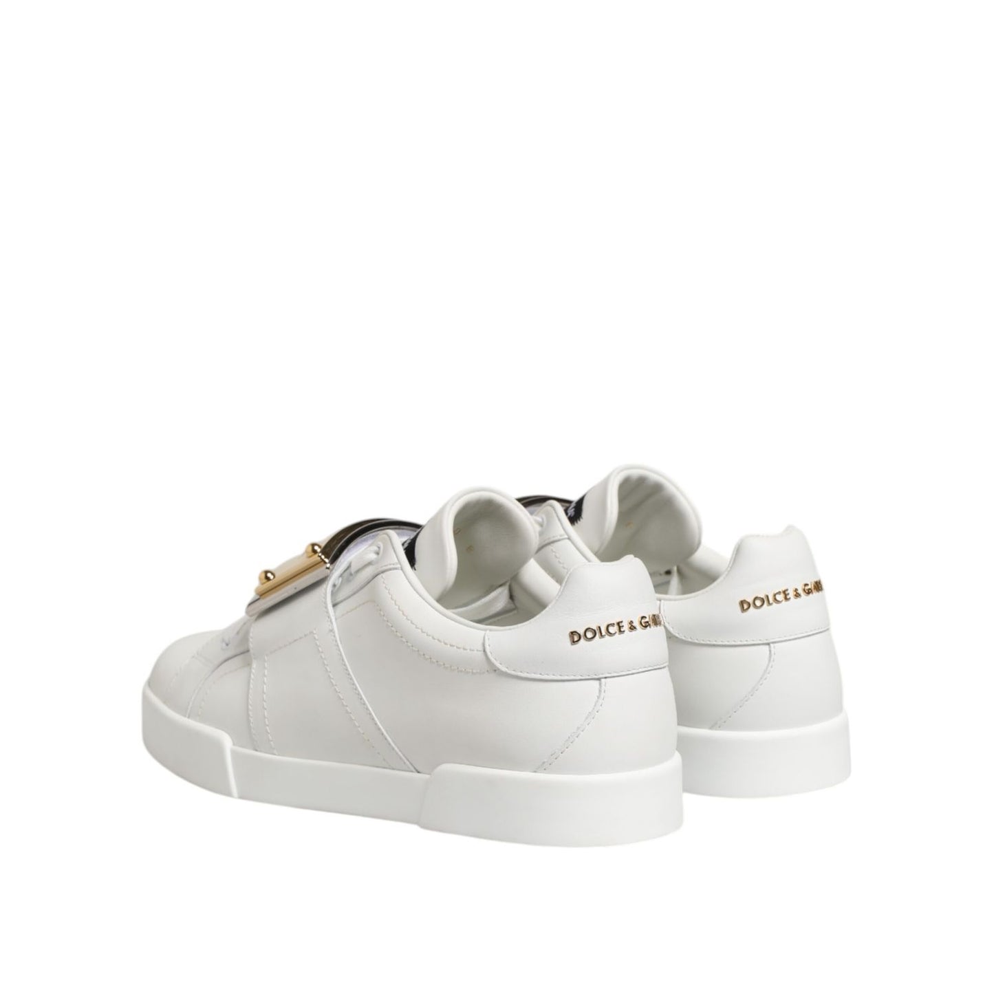 Dolce & Gabbana White Logo Plaque Low Top Men Sneakers Shoes in white calf leather with rubber sole and lace-up closure, back view.