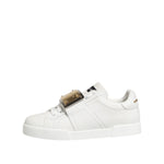 Dolce & Gabbana White Logo Plaque Low Top Men Sneakers Shoes in white calf leather with rubber sole, lace-up closure, and logo details.
