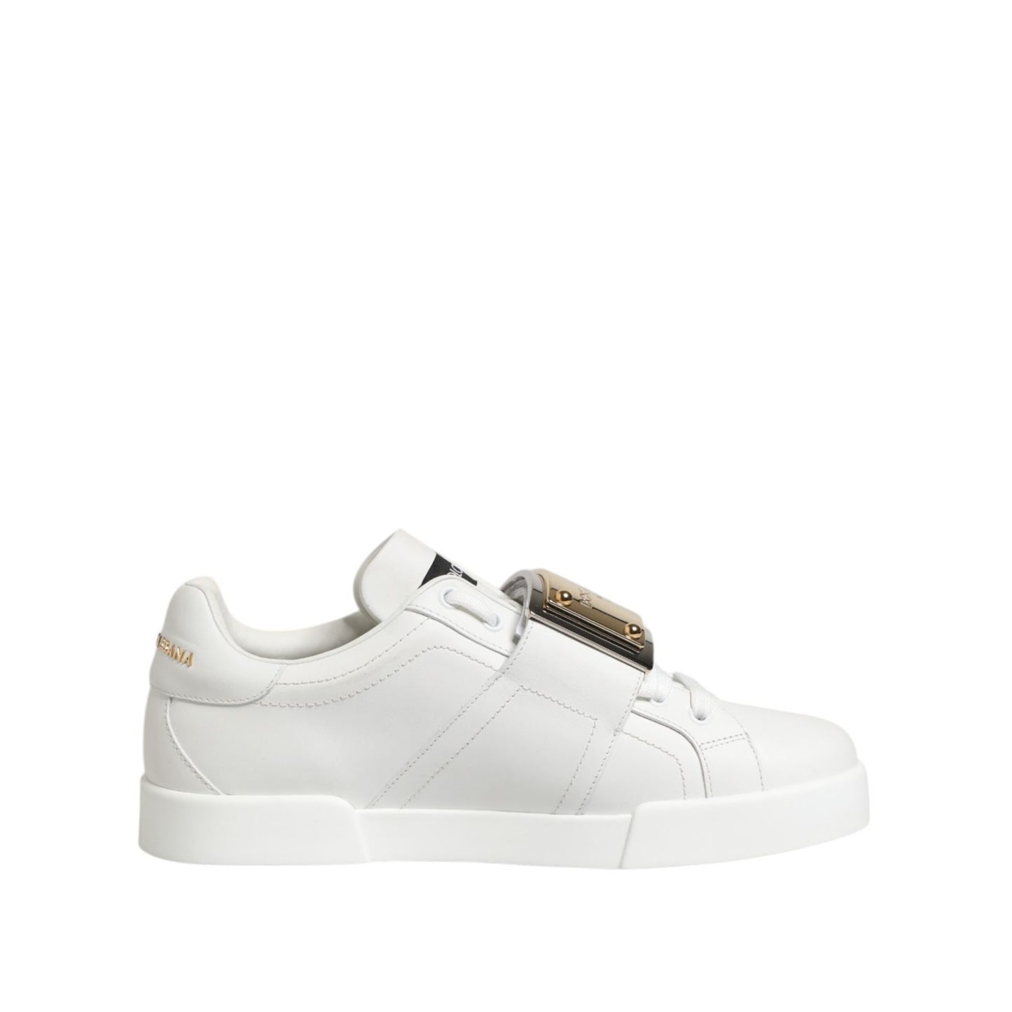 Dolce & Gabbana White Logo Plaque Low Top Men Sneakers Shoes made of calf leather with rubber sole, crafted in Italy.