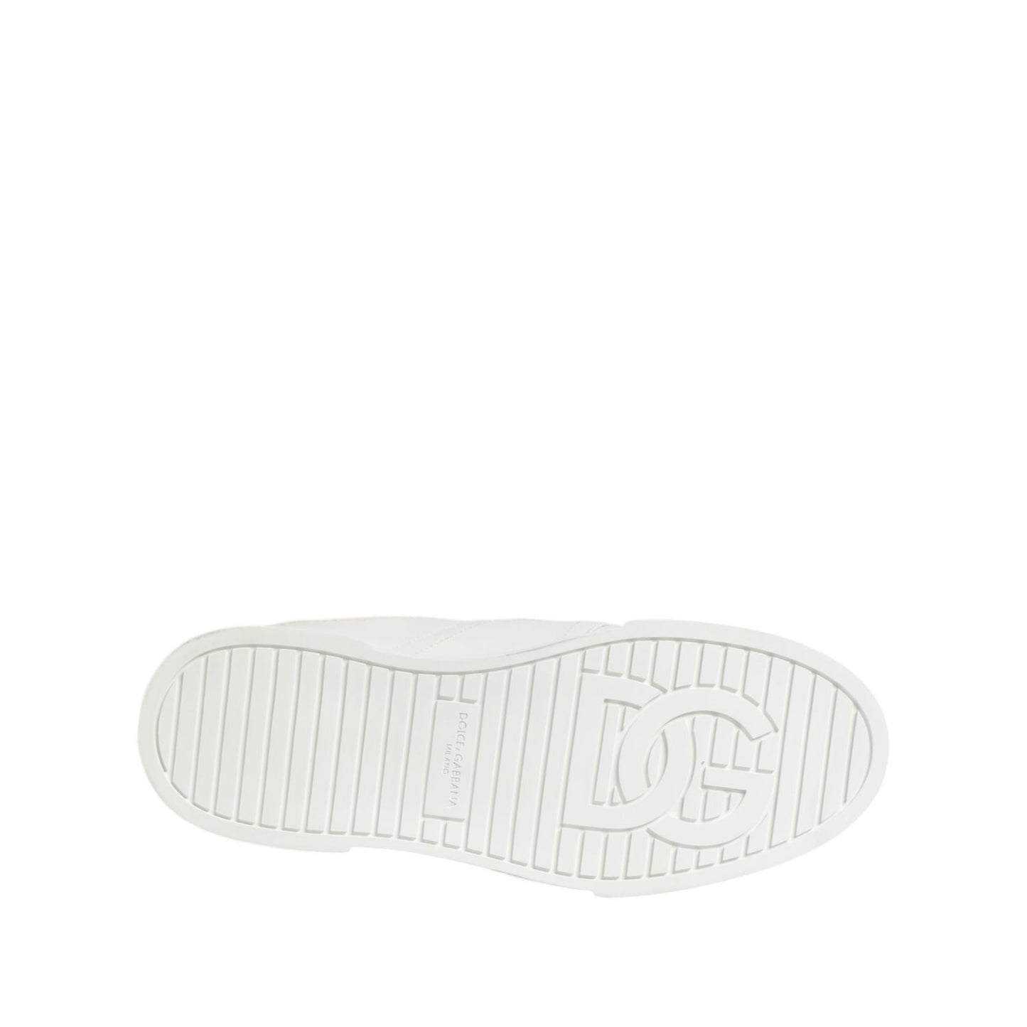 Sole view of Dolce & Gabbana White Logo Plaque Low Top Men Sneakers Shoes with DG logo on white rubber